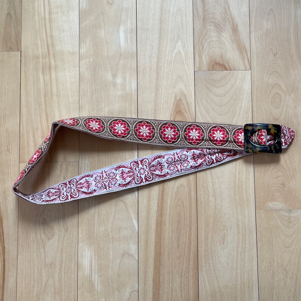 Hadley Pollet reversible embroidered belt with tortoise shell buckle, size M